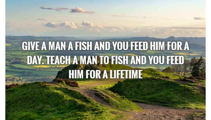 Picture illustrating the phrase "give a man a fish and you feed him for a day. Teach a man to fish and you feed him for a lifetime"