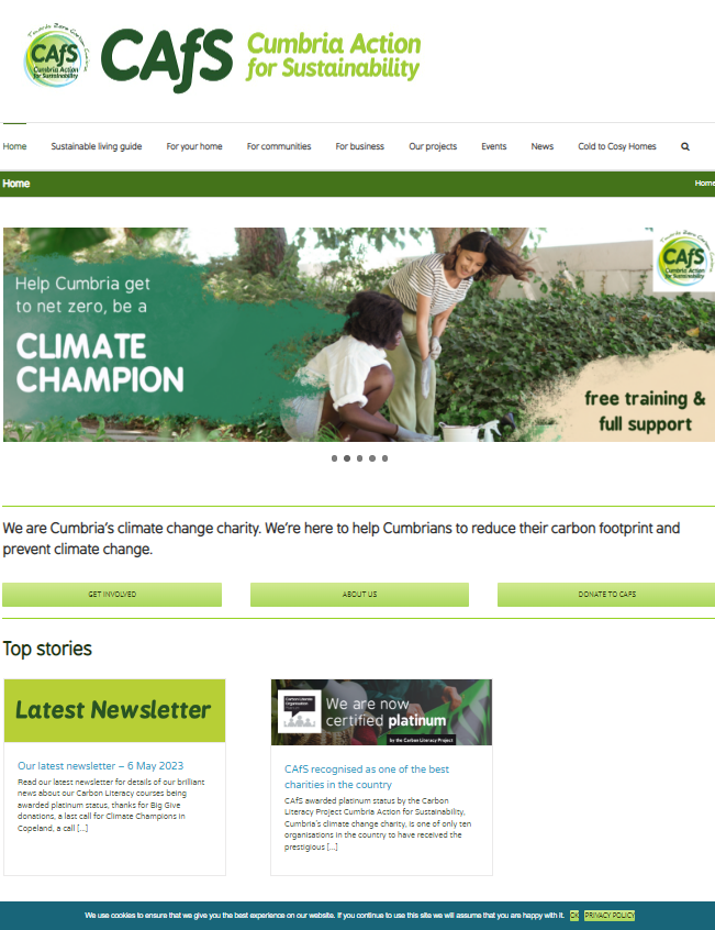 Picture of website for Cumbria action for sustainability